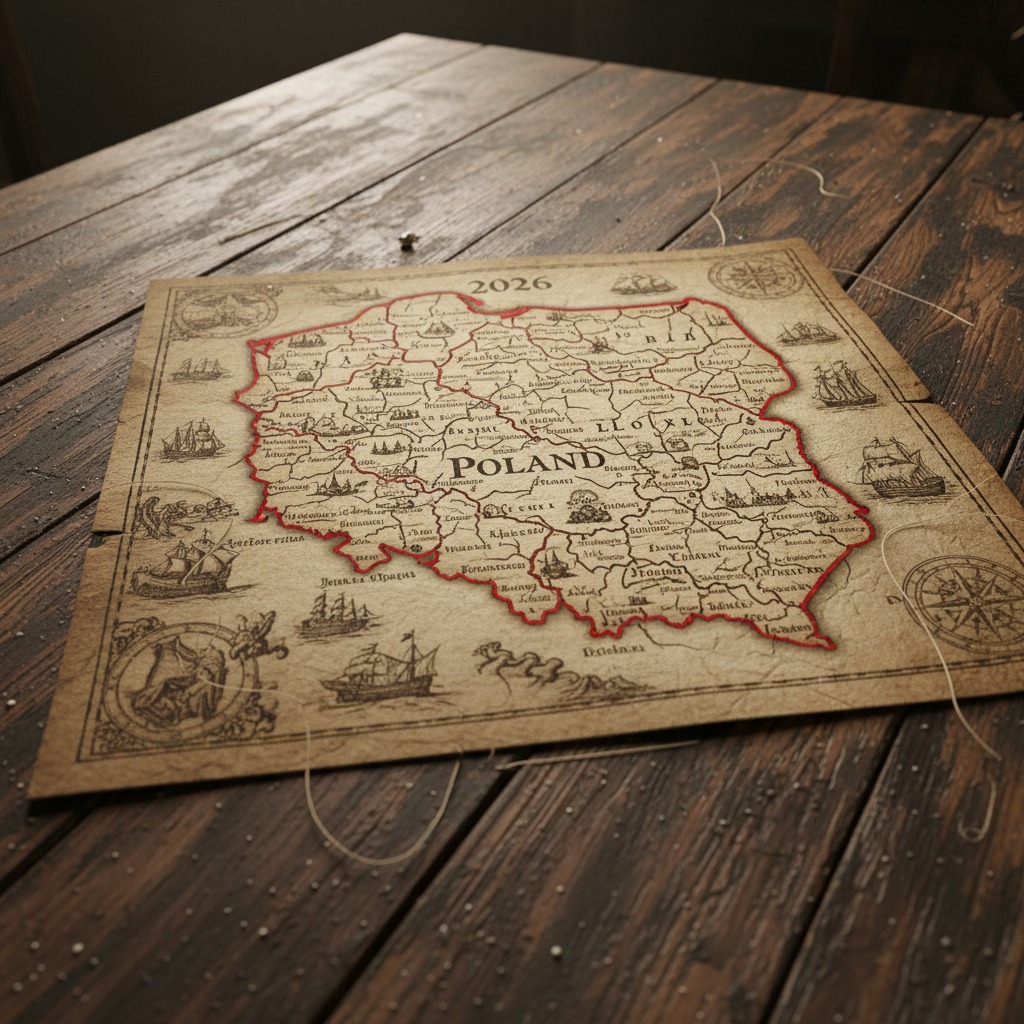 Stylizowana, starodawna mapa Polski z 2026 roku leży na drewnianym stole.